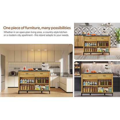 120×75×90cm, Country-Style Kitchen Island with 2 Drawers and 4 Open Shelves, Oak Grain Finish, Black Marble Countertop, Metal Frame, Kitchen Island With Seating, Kitchen Shelf Organizers And Storage, Island Table For Kitche
