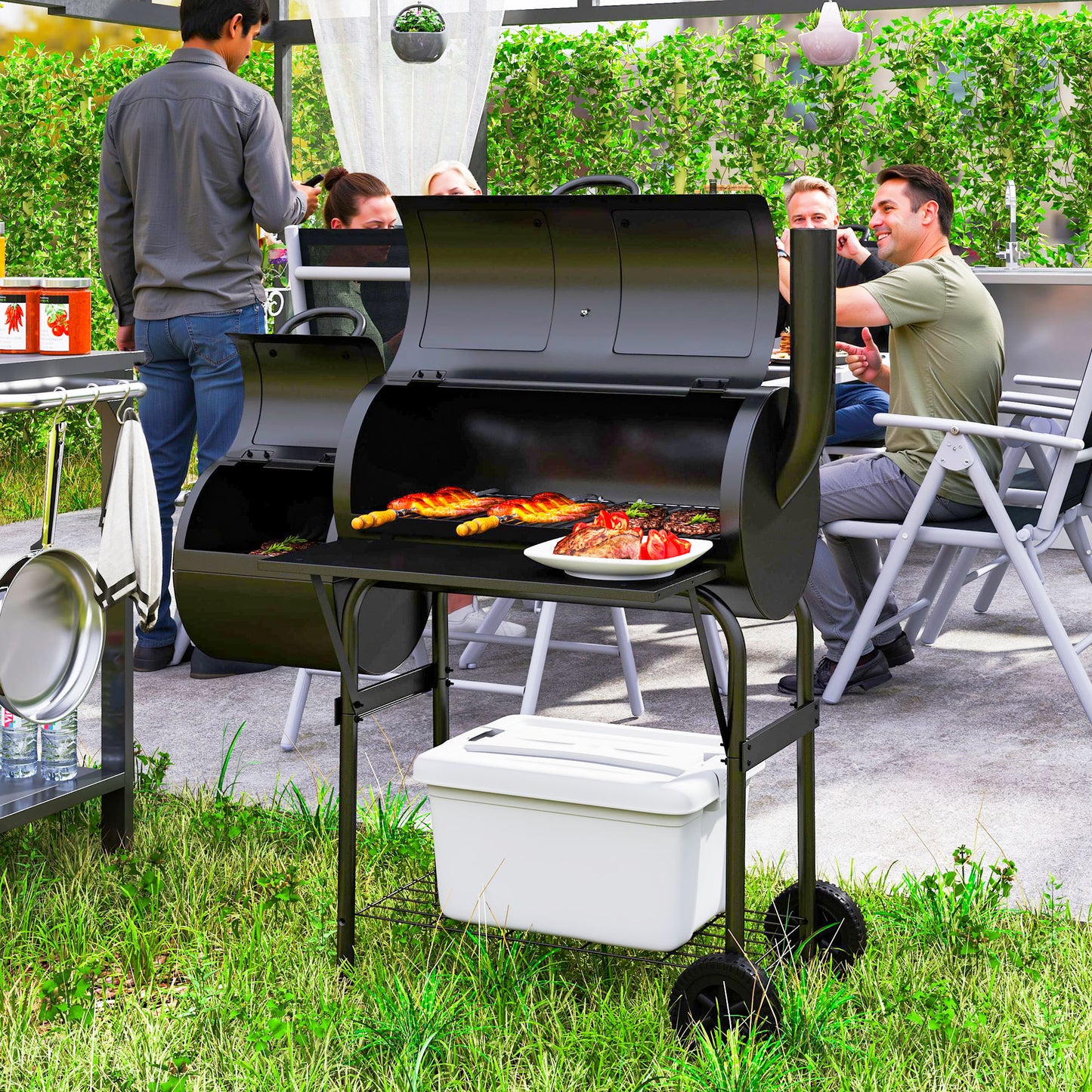 Houtskoolbarbecue – Barbecue – Smoker – Grill – Kogelbarbecue – Staal – Met Deksel en Thermometer – Verstelbare Luchttoevoer en Wielen