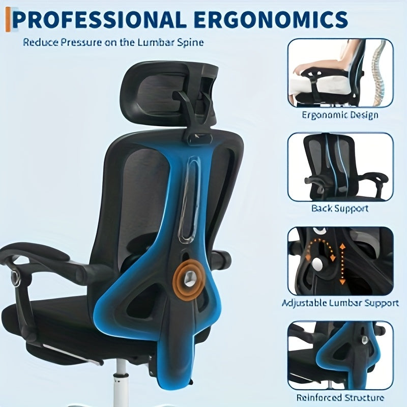Bureaustoel – Ergonomische Stoel – Kantoorstoel – Office Chair – Draaistoel – Memory Foam Zitting – Verstelbare Lendensteun & Inklapbare Voetsteun – Metalen Frame – Zwart