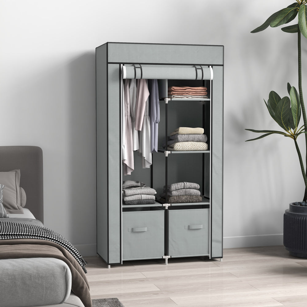 Kledingkast – Garderobekast – Opbergkast – Kleerkast – Vouwkast – 5 Kledingstangen – Stevig Metalen Frame – Lichtgrijs Textiel – Inklapbaar – Makkelijk Te Monteren