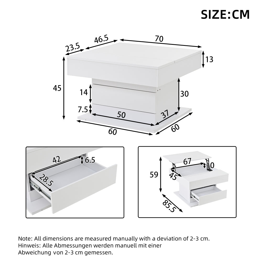 70*70*45cm Geometric Coffee Table | 360° Rotating Top, Height-Adjustable with 1 Drawer, High-Gloss, Concealed Storage, Modern Style, White, Metal Material
