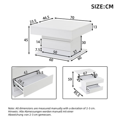 70*70*45cm Geometric Coffee Table | 360° Rotating Top, Height-Adjustable with 1 Drawer, High-Gloss, Concealed Storage, Modern Style, White, Metal Material