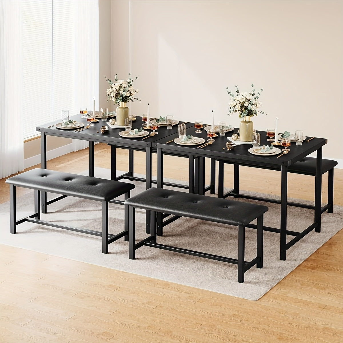 Eetkamertafel met 2 Banken – Keukentafel Set – Tafel voor 4 Personen – Bankenset – Rechthoekige Tafel – Vintage Kleur – Comfortabele Geplaatste Banken – Duurzame Constructie