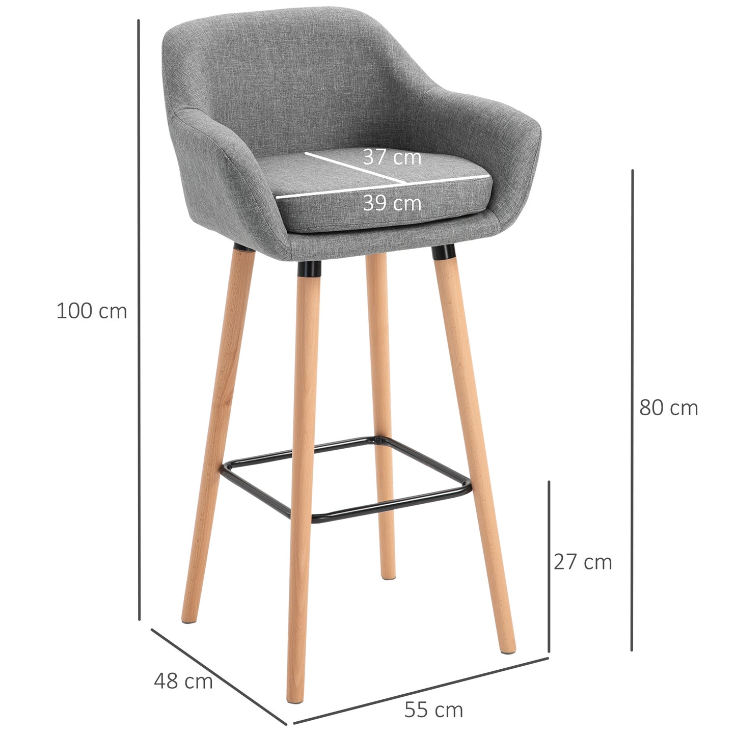 Barstoel – Barkruk – Kruk – Barstoel Met Rugleuning – Barkruk Met Armleuningen – Scandinavisch Design – Comfortabel Linnen Zitting – Stevig Houten Onderstel Lichtgrijs