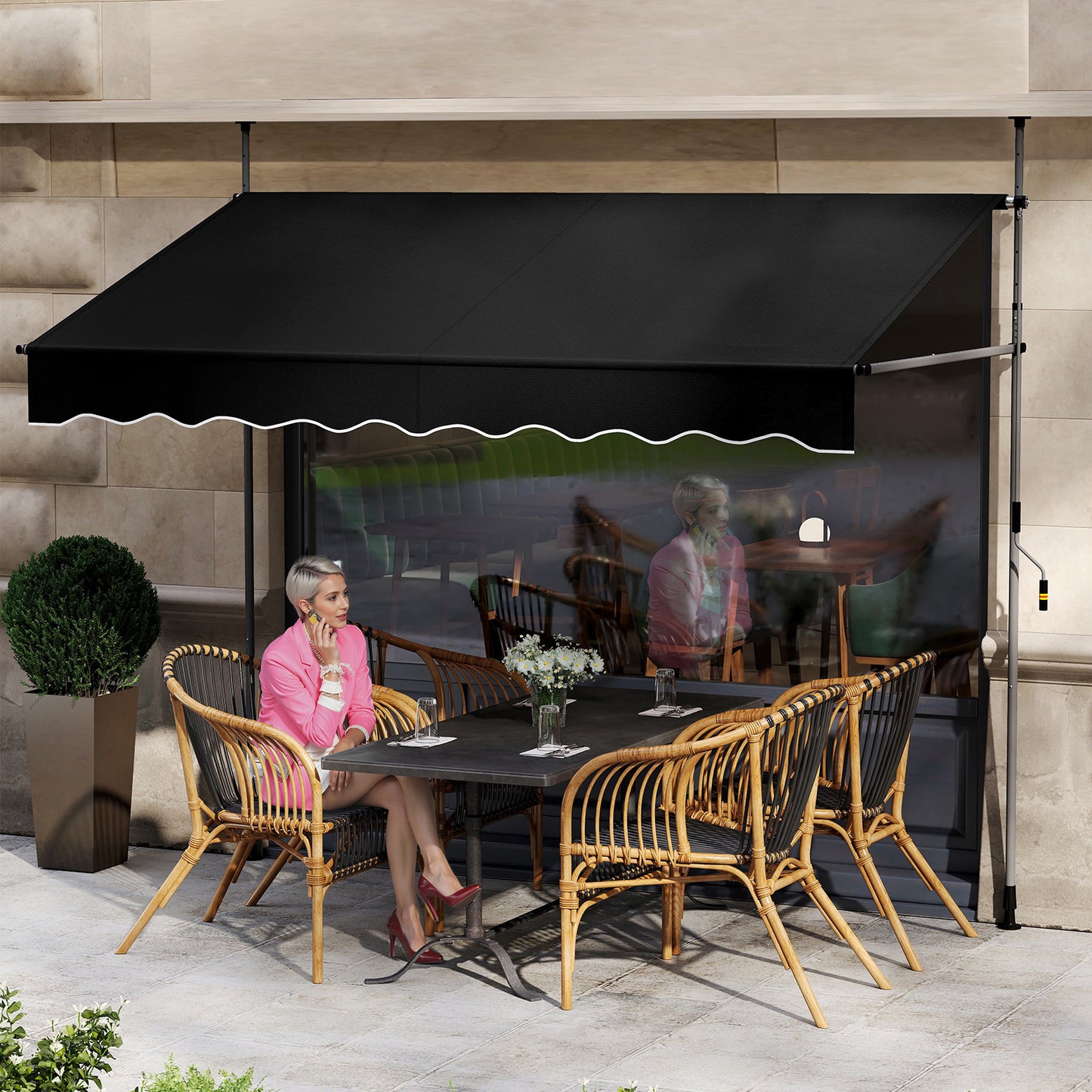 Markies Zonnescherm – Balkon Zonwering – Terras Luifel – Uitschuifbaar Scherm – Klemmarkies – Verstelbaar 210-300 cm – Waterafstotend Polyester – Zwart Gepoedercoat Stalen Frame