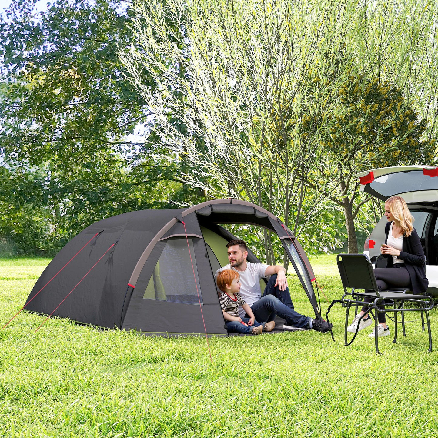 Familietent – Kampeertent – Buitentent – Tunneltent – Tent voor 4 Personen – Lichtgewicht Glasvezelframe – 3 Deuren en Ramen – Zwart – 360x250x130 cm