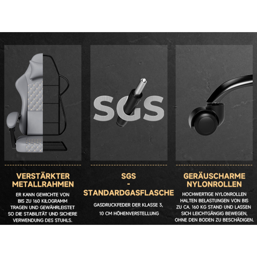 Gamingstoel – Gaming Chair – Bureaustoel – Gamestoel – Werkstoel – Ergonomisch Echt Leer – Massagefunctie – Uittrekbare Voetensteun – Grijs – Draagt 150 kg