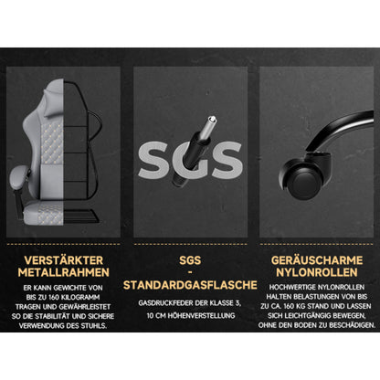 Gamingstoel – Gaming Chair – Bureaustoel – Gamestoel – Werkstoel – Ergonomisch Echt Leer – Massagefunctie – Uittrekbare Voetensteun – Grijs – Draagt 150 kg