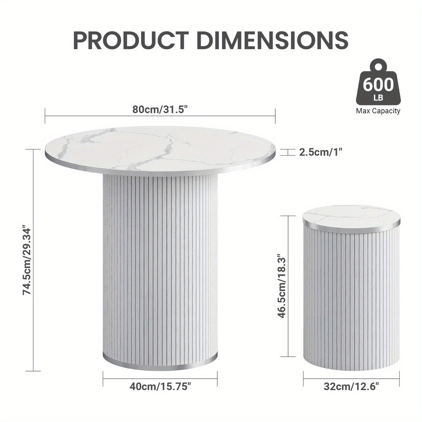 Salontafel – Koffietafel – Bijzettafel – Woonkamertafel – Tafel met Krukjes – Wit Marmer – Modern Rond Design – Compact en Praktisch