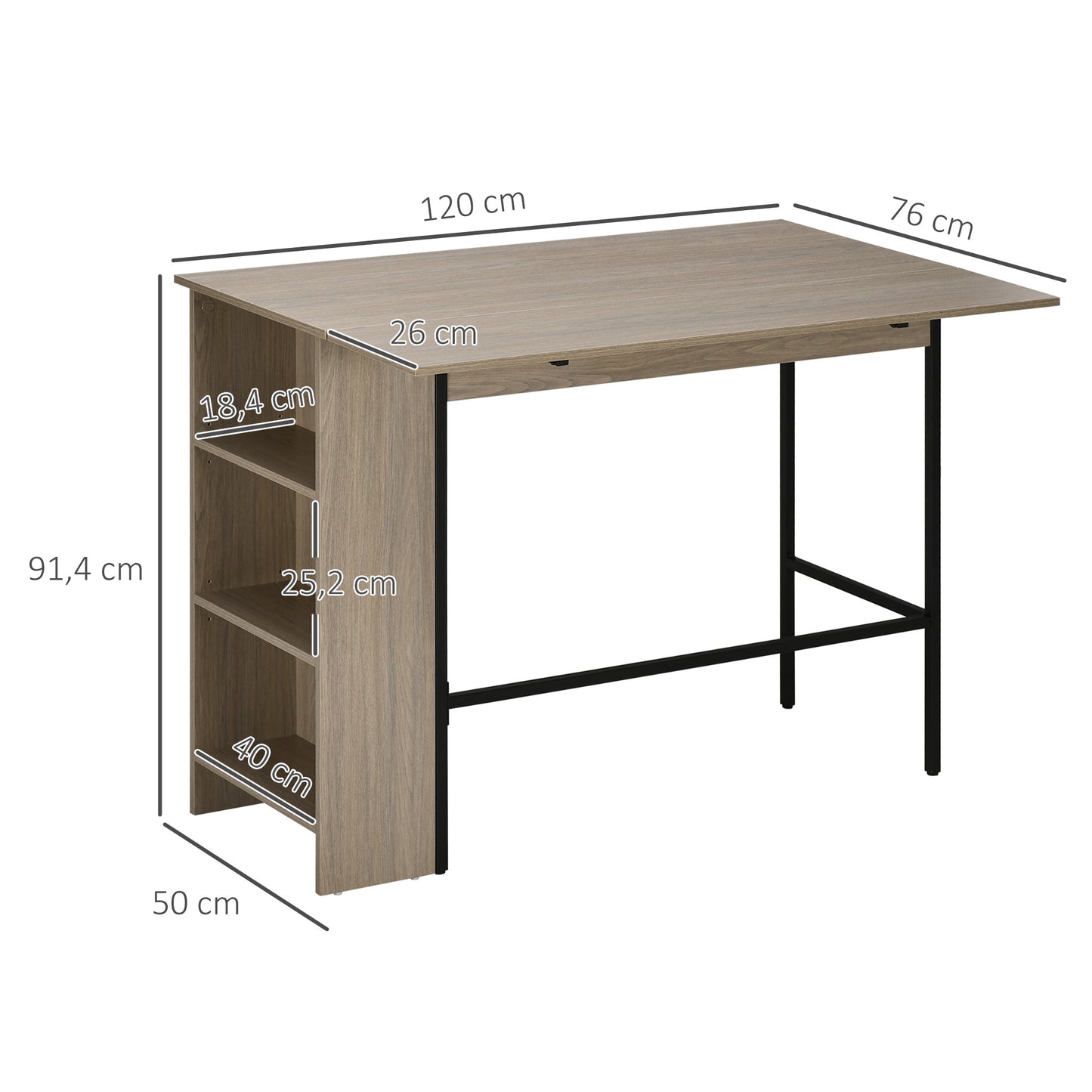 Bartafel – Keukeneiland – Barmeubel – Bistrotafel – Opbergtafel – Met Opvouwbaar Zijblad – 3 Opbergrekken – Grijs – 120x76x91 cm – Metaal En Hout