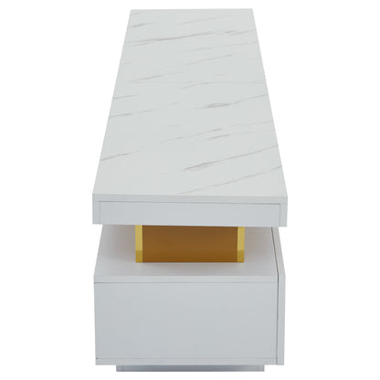 Modern TV-meubel – Tv-meubel – Lowboard – Tv-kast – Mediameubel – Marmerlook – 3 Laden – Kabeldoorvoer – Geschikt voor TV’s tot 90 inch – Wit-Goud