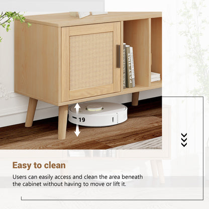 BTM TV Lowboard with Wood Look, Rattan Doors, and Drawer, 180 cm TV Stand for 80-Inch TVs, TV Cabinet with Cable Management, Storage Space & Solid Wood Legs, Scandinavian Design