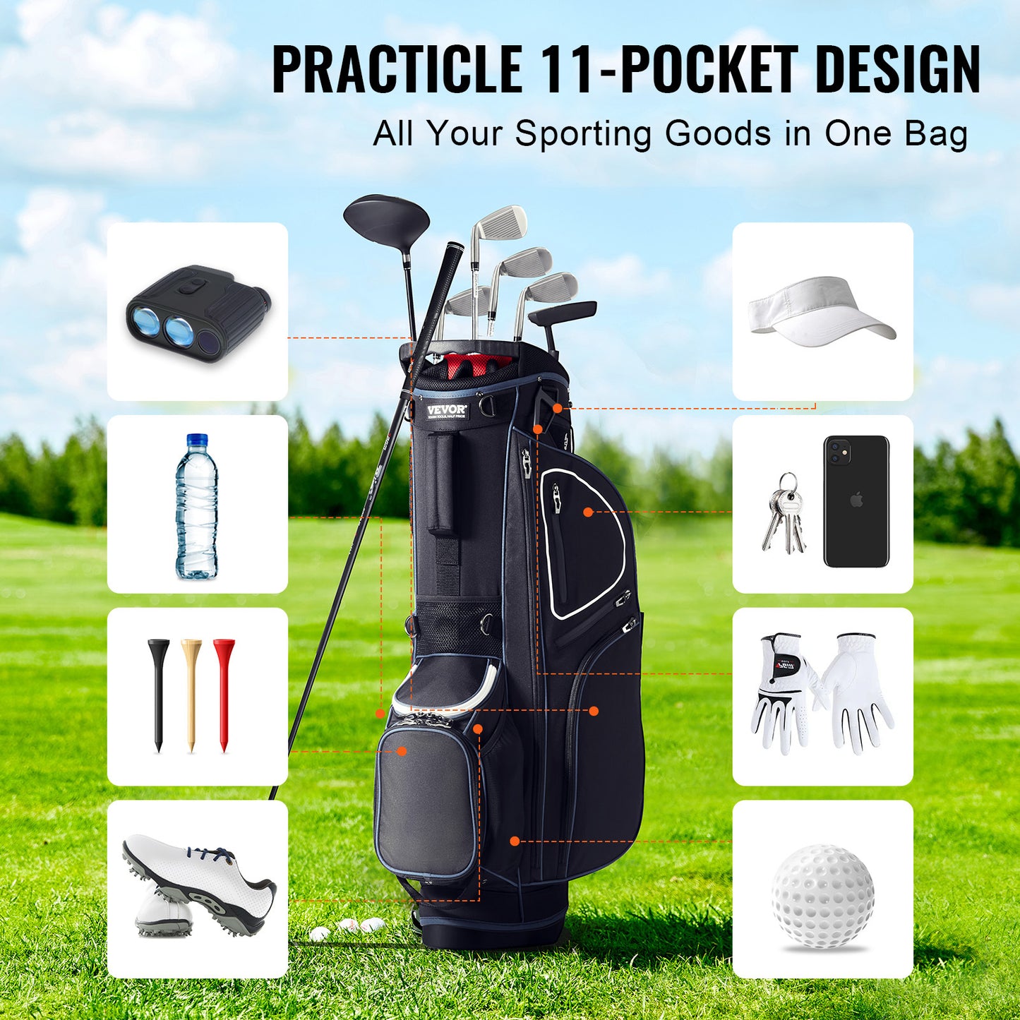 Golfcarttas – Golftas – Stand Bag – Golfbag – Golfclubtas – Duurzaam 600D Polyester – 14 Vaks Organizer met 11 Opbergvakken – Zwart