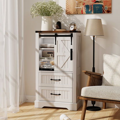 Badkamerkast Vloer – Opbergkast – Bergkast – Kast met Schuifdeur – Dressoir – Wit Houten Frame – Verstelbare Planken & 2 Lade Opbergruimtes