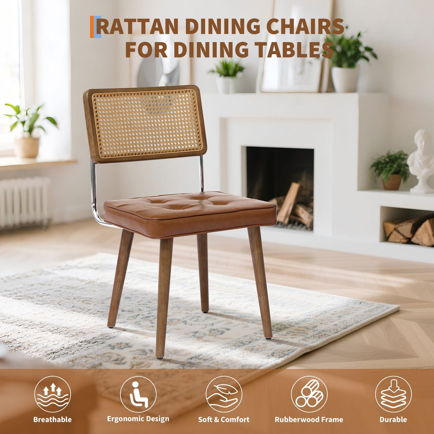 Eetkamerstoel – Stoel – Kuipstoel – Keukenstoel – Dinerstoel – Rattan Zitting – Houten Poten – Set Van 2 – Gestoffeerd – Gevlochten Rugleuning – Warm Bruin
