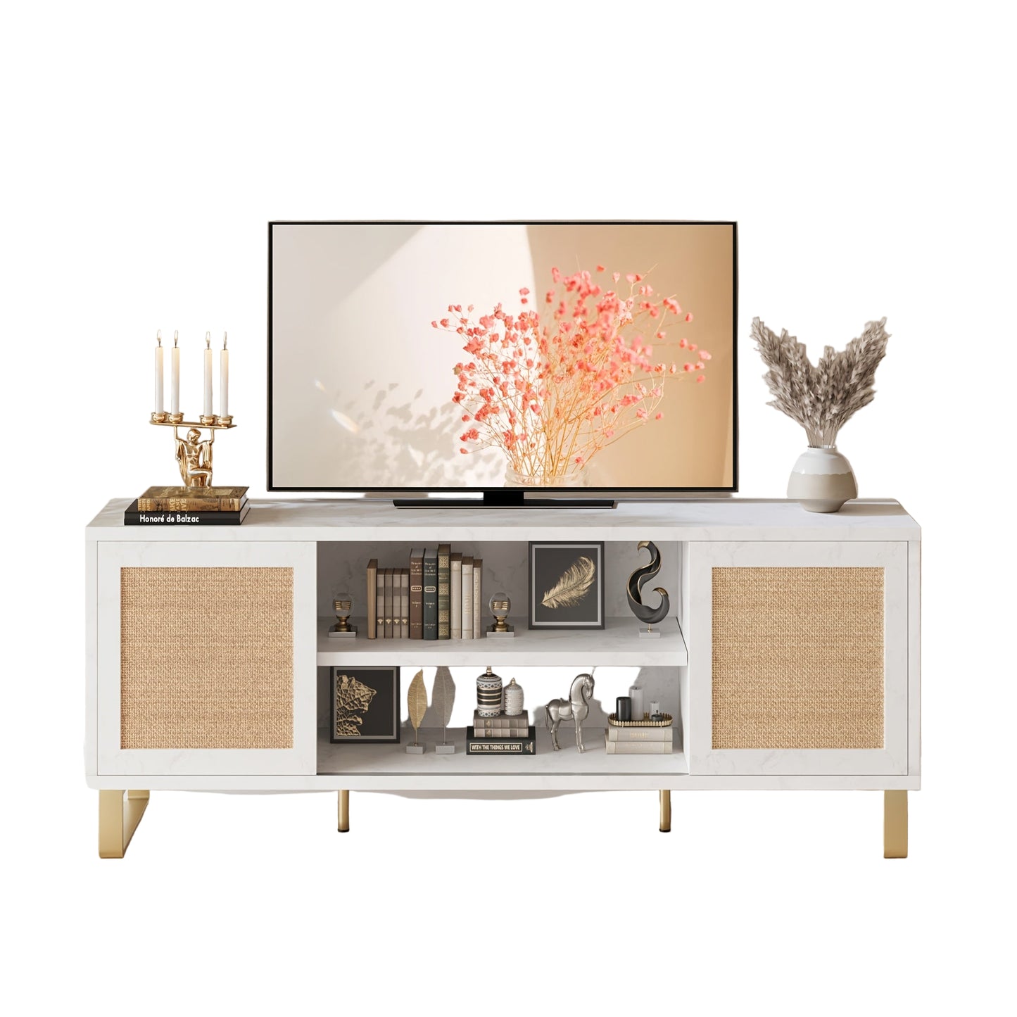 Tv Meubel – TV Kast – TV Meubelkast – TV Dressoir – Entertainment Center – Wit Met Rattan – Geschikt Voor TV Tot 165 cm – Verstelbare Planken