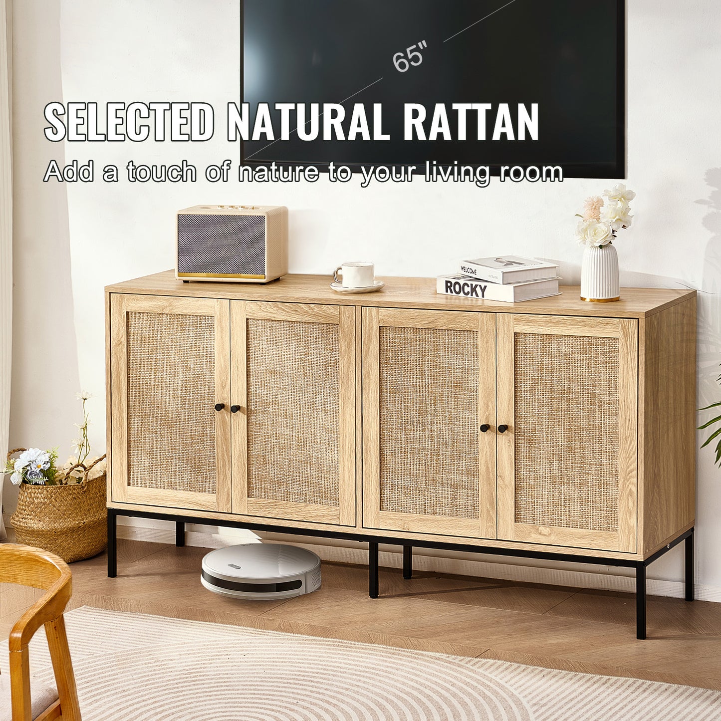 Rattan Opbergkast – Opbergmeubel – Kast – Sideboard – Buffetkast – 150 cm Breed – Handgevlochten Rattan – Verstelbare Planken