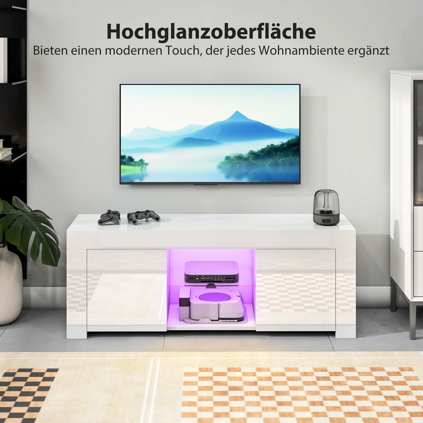 Tv-meubel – TV-kast – Media-meubel – Dressoir – Lowboard – Wit Spaanplaat – LED-verlichting – Glazen Plank – 2 Deuren – Kabeldoorvoer