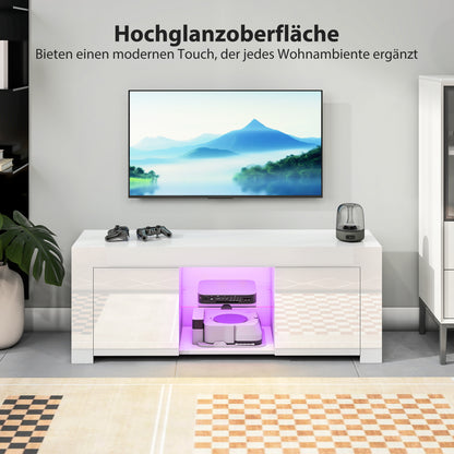 Tv-meubel – TV-kast – Media-meubel – Dressoir – Lowboard – Wit Spaanplaat – LED-verlichting – Glazen Plank – 2 Deuren – Kabeldoorvoer