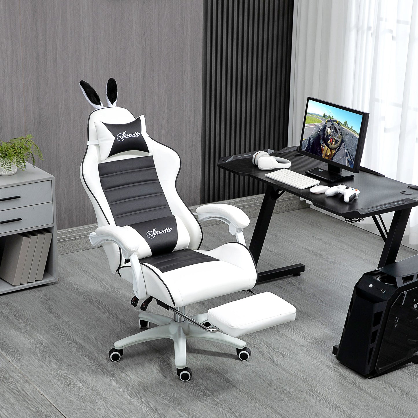 Gamingstoel – Bureaustoel – Gamestoel – Werkstoel – Stoel Met Bunny Ears – Verstelbare Hoogte – Verstelbare Rugleuning Tot 135° – Uittrekbare Voetensteun – Met Hoofd- En Lendensteunkussens – Zwart – Polyurethaan Bekleding