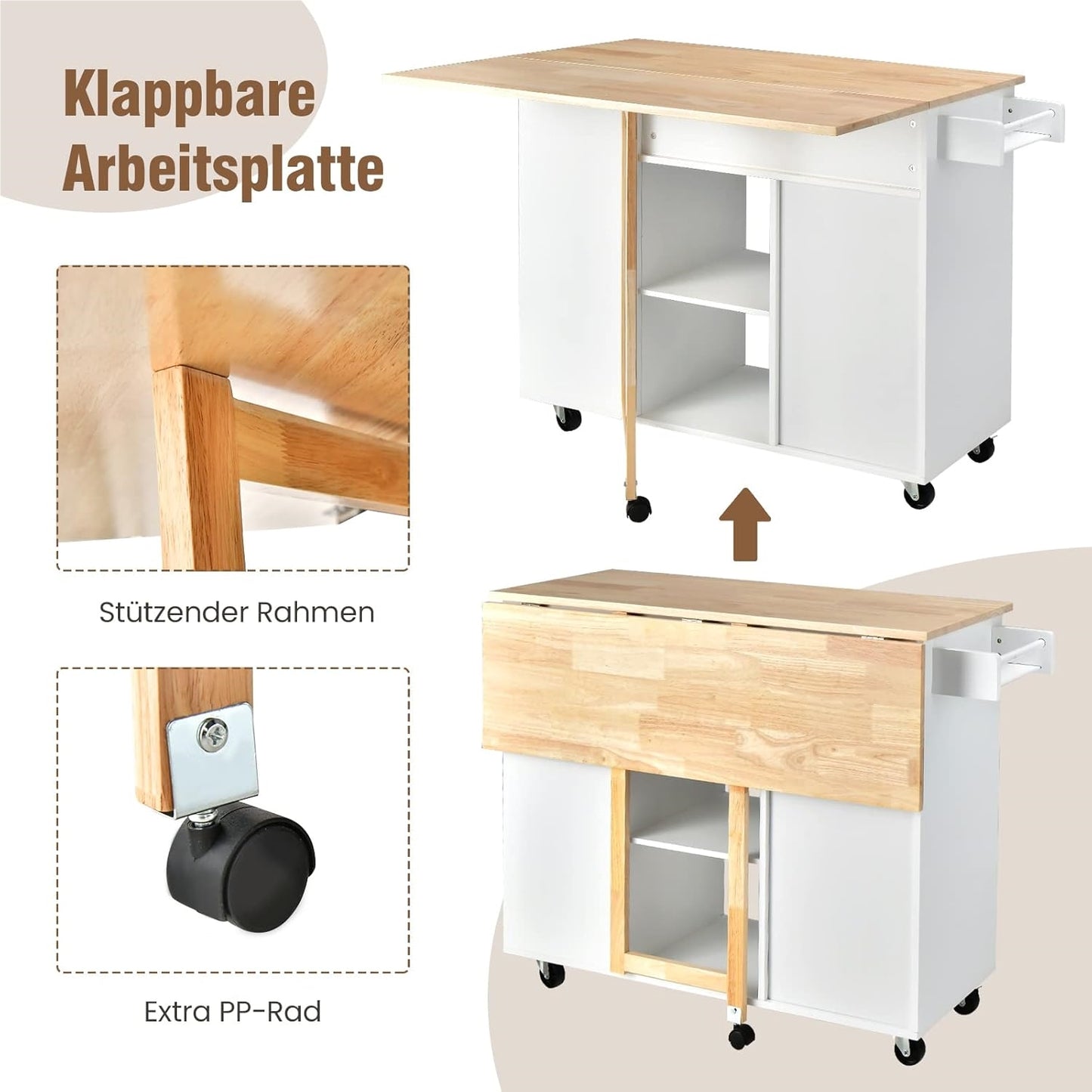 Mobiele Keukenkar – Keukentrolley – Keukenwagen – Serveerwagen – Keukenblok – Uitschuifbaar Werkblad – Veel Opbergruimte – Wit