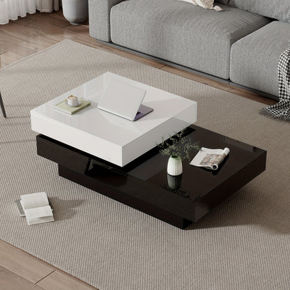 Salontafel – Tafel – Koffietafel – Bijzettafel – Draaibare Tafel – Zwart-Wit – Hoogglans – Metalen Constructie – Draaibaar Middenstuk – Ruimtebesparend Ontwerp