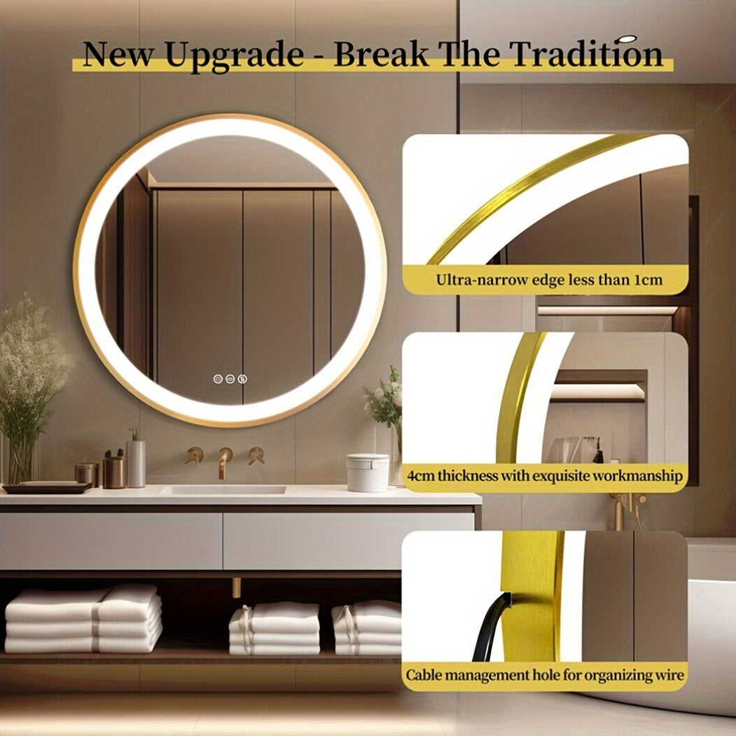 1pc Bathroom Golden Mirror With LED Light: Large Round Illuminated Wall Mirror With Brushed Aluminum Alloy Golden Frame Smart Touch Switch Demisting 3 Changeable Lighting Color, Memory Function