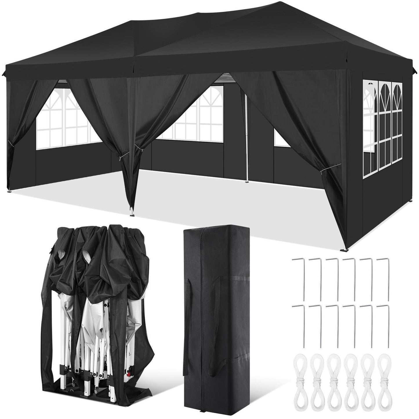 Pop-Up Zonnescherm Tent – Schaduwtent – Outdoor Tent – Marktkraam Tent – Beach Tent – Zwart – 3×6 Meter – 6 Afneembare Zijpanelen