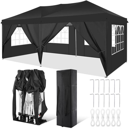 Pop-Up Zonnescherm Tent – Schaduwtent – Outdoor Tent – Marktkraam Tent – Beach Tent – Zwart – 3×6 Meter – 6 Afneembare Zijpanelen
