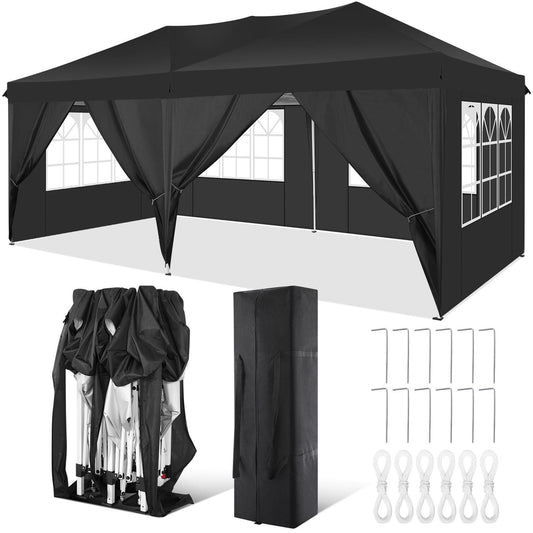 Pop-Up Zonnescherm Tent – Schaduwtent – Outdoor Tent – Marktkraam Tent – Beach Tent – Zwart – 3×6 Meter – 6 Afneembare Zijpanelen