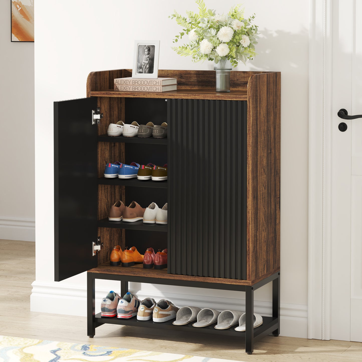 Schoenenkast – Schoenenrek – Schoenenopberger – Halkast – Schoenenbank – 5 Lagen – Hout – 73x35x105 cm – Zwart/Bruin – Voor 15-20 Paar Schoenen – Compact & Met Deuren