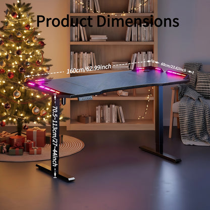 Elektrisch Verstelbaar Zit-Sta Bureau – Zit-Sta Tafel – Bureau Verstelbaar – Gaming Bureau – Thuiswerk Bureau – Carbon Fiber Tafelblad – RGB LED Verlichting – XXL Antislip Muismat – Hoofdtelefoonhaak – Verstelbaar 71-113 cm