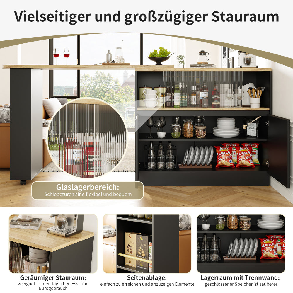 Modern 360° Rotating Bar Table with Glass Shelves - Multifunctional Kitchen & Dining Sideboard, 90x45x100cm, Easy Assembly, No Power Needed, Sleek Black Design for Contemporary Spaces, Kitchen Storage Solution, Minimalist Fu