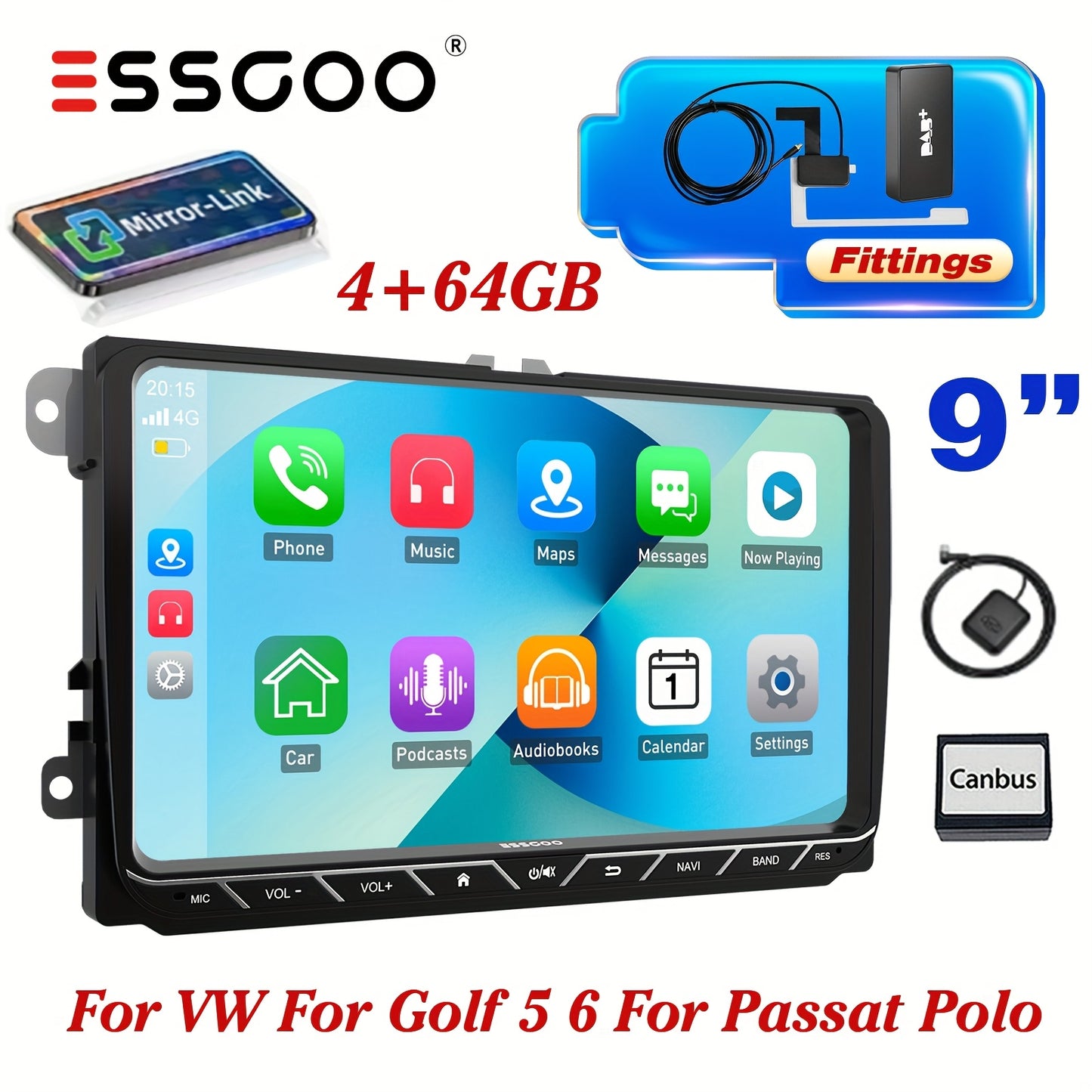 Android Autoradio – Double Din – Car Stereo – Multimedia Speler – Auto Radio – 9 Inch IPS Touchscreen – Android 14 Besturingssysteem – Inclusief DAB+ Adapter
