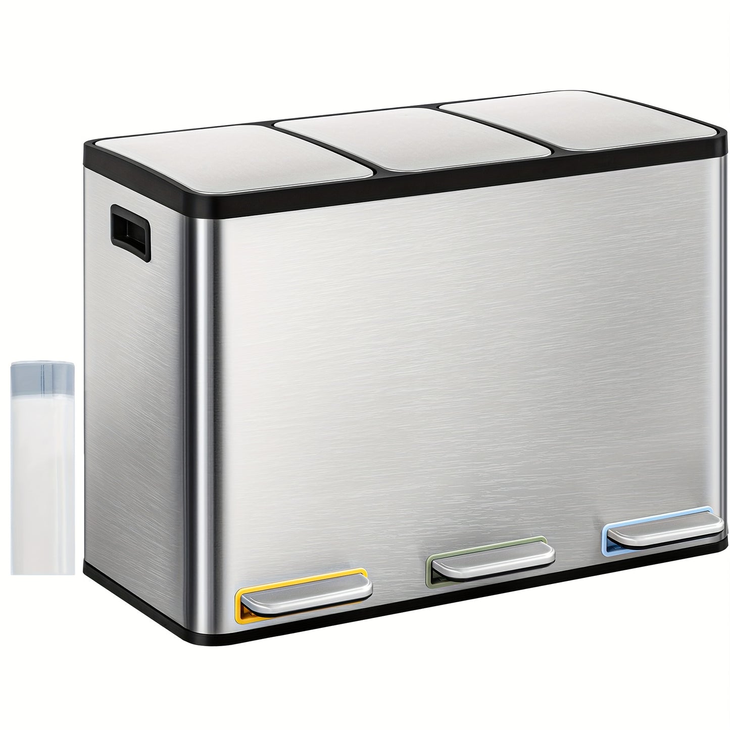 Kitchen Trash Can, Waste Separation System with 3 Compartments, 45L (3 X 15L), Stainless Steel Kitchen Trash Can, Pedal Bin with Color-coded Pedals, Waste Bin with Quiet, Slow Descent, Silvery, Garbage Bin for Kitchen, Wall M