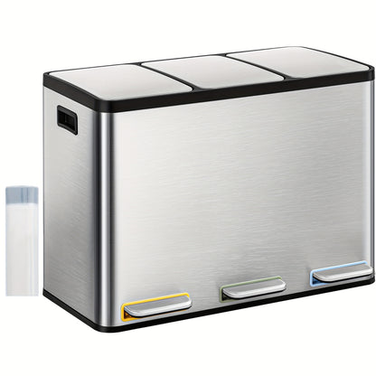 Kitchen Trash Can, Waste Separation System with 3 Compartments, 45L (3 X 15L), Stainless Steel Kitchen Trash Can, Pedal Bin with Color-coded Pedals, Waste Bin with Quiet, Slow Descent, Silvery, Garbage Bin for Kitchen, Wall M