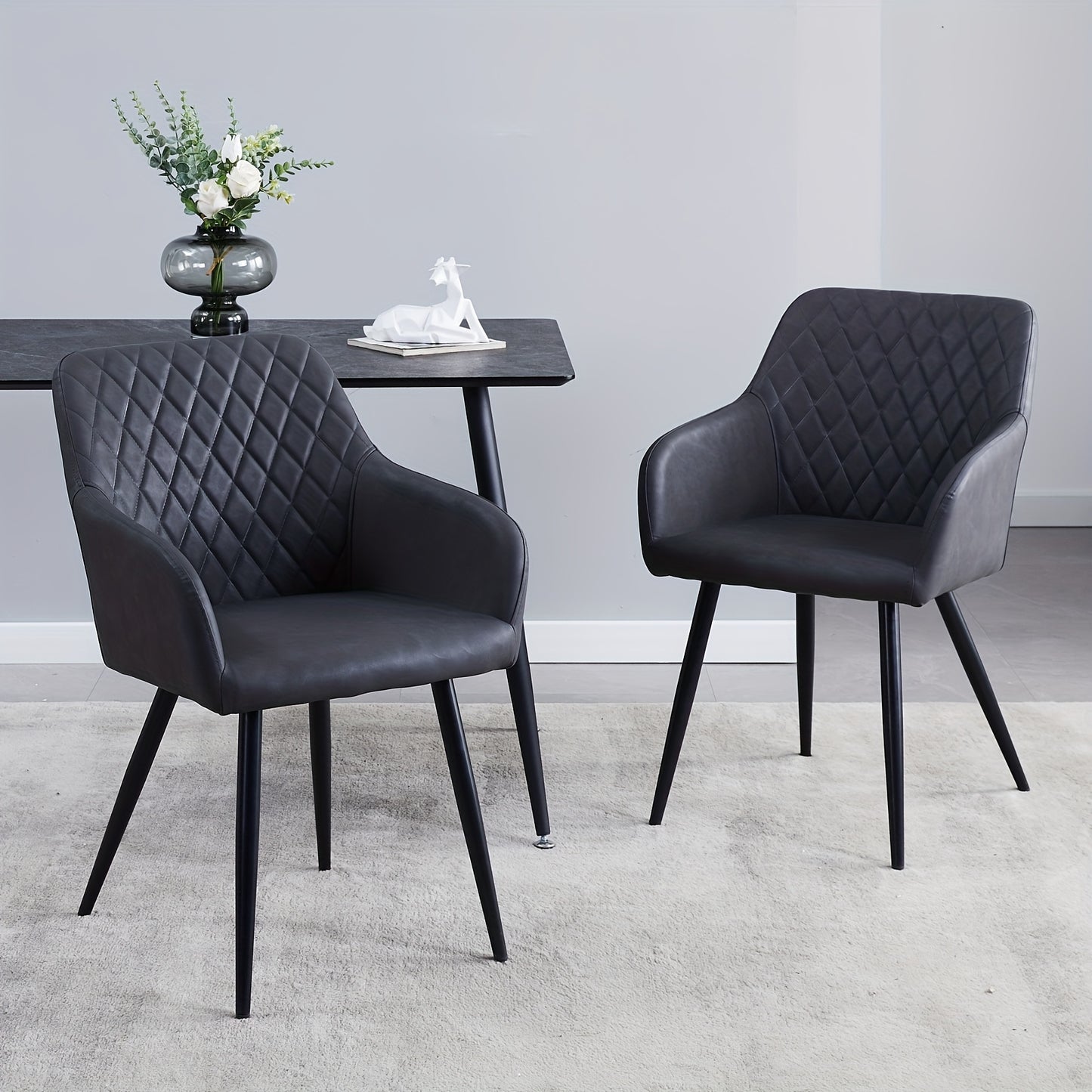 Lounge Stoel Set – Fauteuil – Eetkamerstoel – Bureaustoel – Relaxstoel – Donkergrijs Kunstleer – Metalen Poten – Ergonomisch Comfortabele Zitting