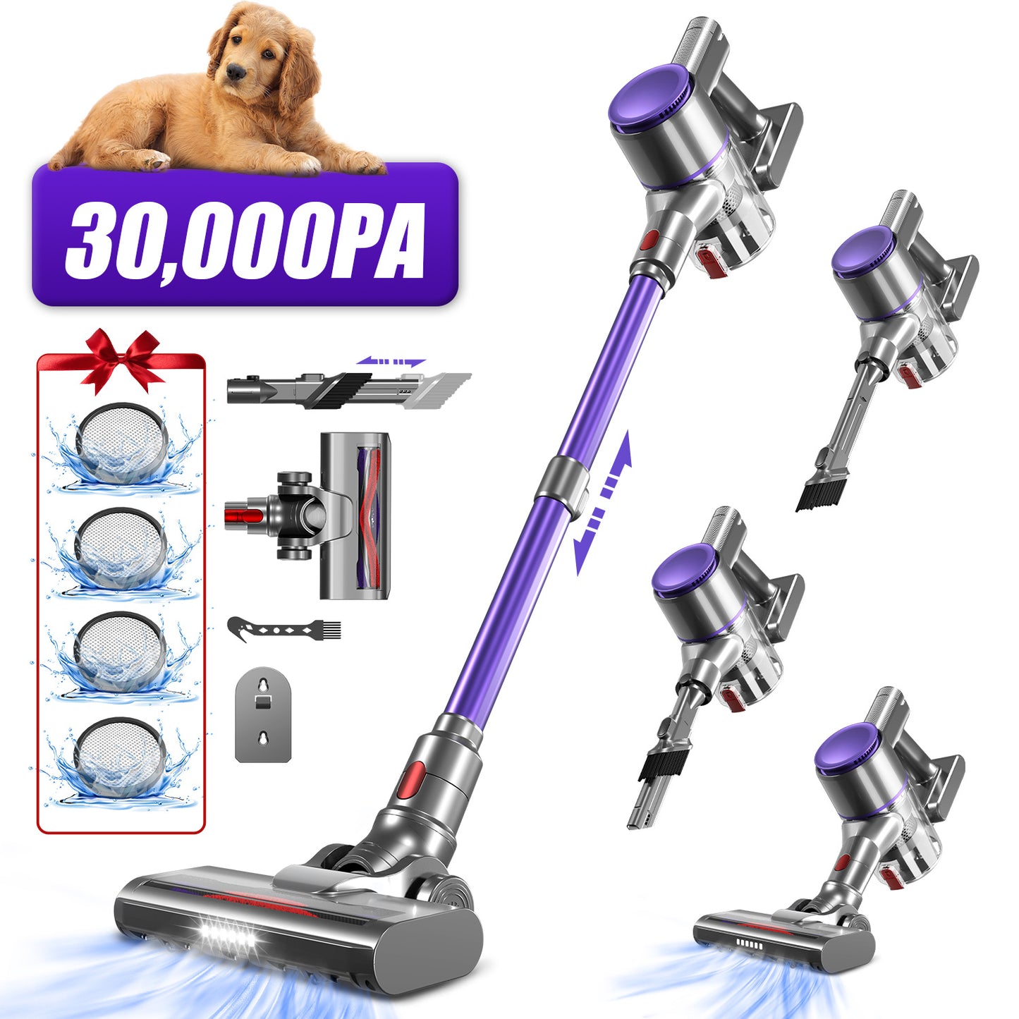 Aiidoits Cordless Vacuum Cleaner – 30000Pa, 300W, 35-Min Runtime, 6×2200mAh Battery, 1.4L Dustbin, Super Quiet, Anti-Tangle Brush – High-Capacity Cordless Vacuum with Long Battery Life, Flexible Cleaning for Hard Floors,