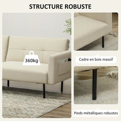 Bankbed – Slaapbank – Bedbank – Zetelbed – Logeerbed – 3-Zits – Verstelbare Rugleuning – Beige Linnenstof – Click-Clack Mechanisme – Zijvakjes