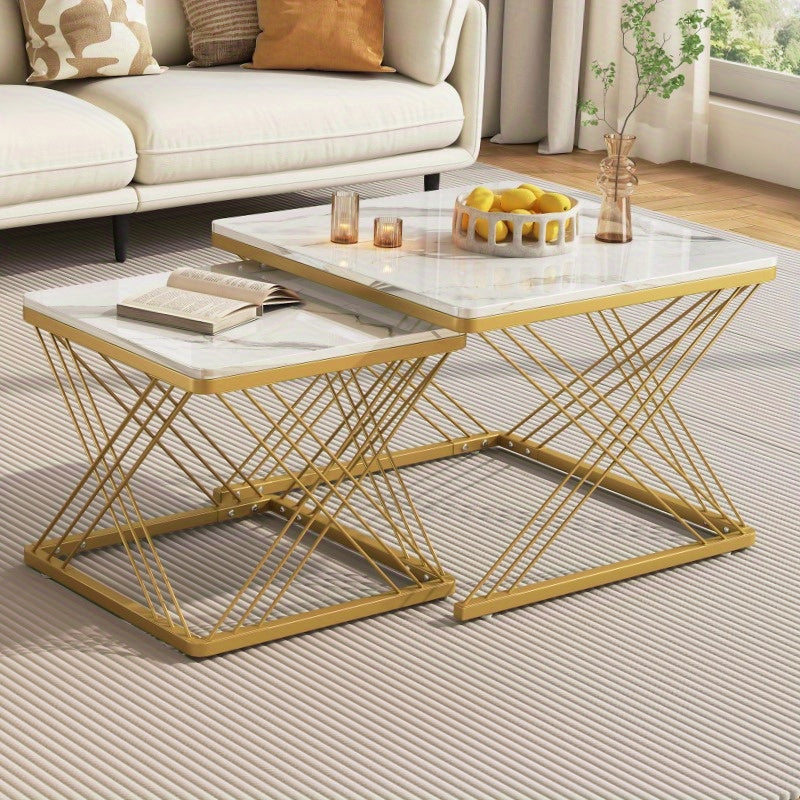 Salontafelset – Koffietafel – Bijzettafel – Woonkamertafel – Tafeltje – Glanzend Marmerlook – 2 Stuks Vierkant 60x60x45 & 45x45x40 cm – Verstelbare Poten, Max 30 kg Belastbaar