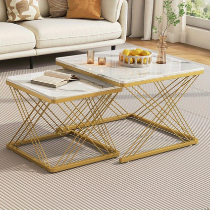 Salontafelset – Koffietafel – Bijzettafel – Woonkamertafel – Tafeltje – Glanzend Marmerlook – 2 Stuks Vierkant 60x60x45 & 45x45x40 cm – Verstelbare Poten, Max 30 kg Belastbaar