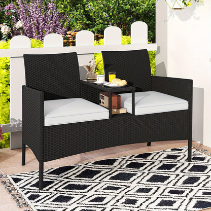 Buitentuin Loveseat – Tuinbank – Patio Sofa – Balkonbank – Tweezitsbank – Weerbestendig PE Rattan – Met Tempered Glas Tafel