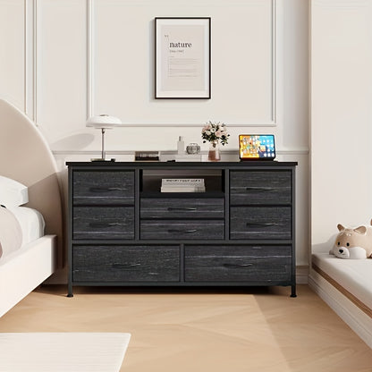 Ladekast – Ladenkast – Dressoir – Tv-meubel – 8 Lades Zwart Met Houtnerf – Geschikt Voor Tv Tot 139,7 Cm – MDF En Carbonstaal – Compact 120x37x75 Cm