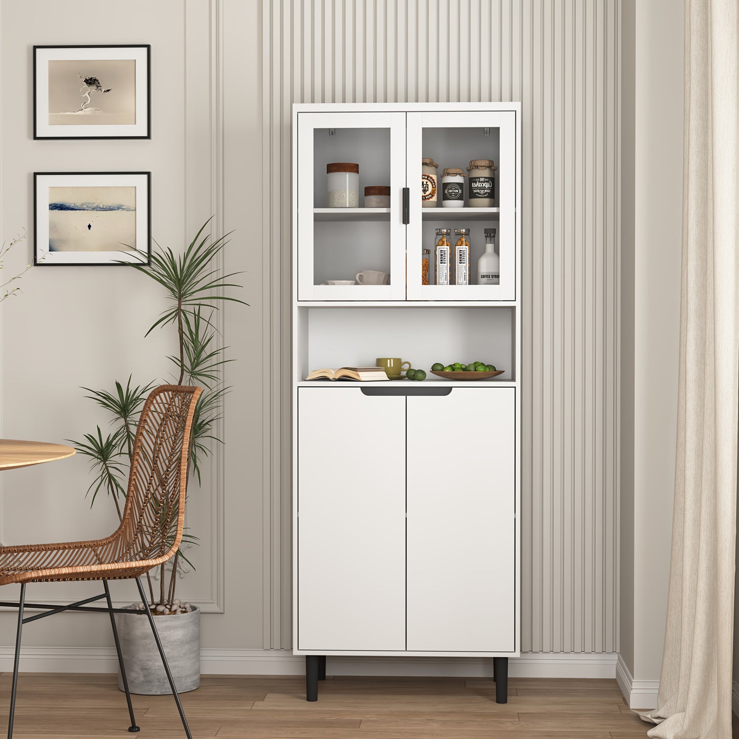 Boekenkast – Boekenrek – Opbergkast – Vakkenkast – Wandkast – Wit MDF – 4 Deuren Met Getemperd Glas – Verstelbare Bovenkant
