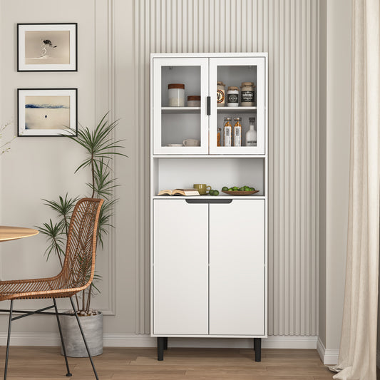 Boekenkast – Boekenrek – Opbergkast – Vakkenkast – Wandkast – Wit MDF – 4 Deuren Met Getemperd Glas – Verstelbare Bovenkant