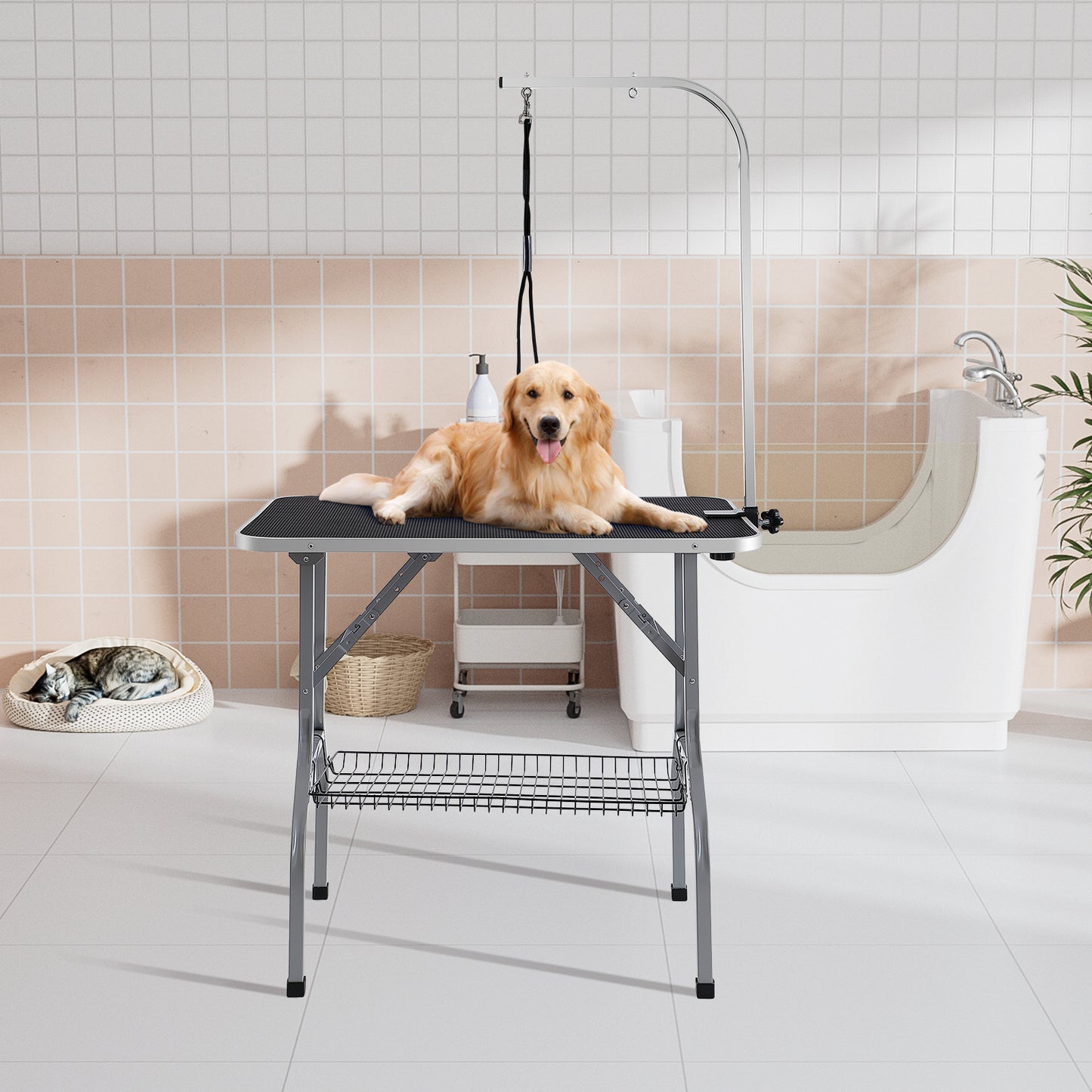 Trimmtafel – Verzorgingstafel – Honden Tafel – Katten Tafel – Draagbaar – Verstelbare H-vormige Armen – Inklapbaar Met Opbergruimte – Stabiel Tot 150 kg – Anti-Slip Rubber Voetjes – Zwart