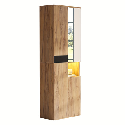 Moderne Hoge Kledingkast – Garderobekast – Opbergkast – Dressoirkast – Kastenmeubel – Met Spiegel – Vrijstaand – 4 Deuren + Open Plank – Natuurlijk Hout Met Zwarte Accenten – Ruime Opbergruimte – Vloermontage Zonder Elektriciteit