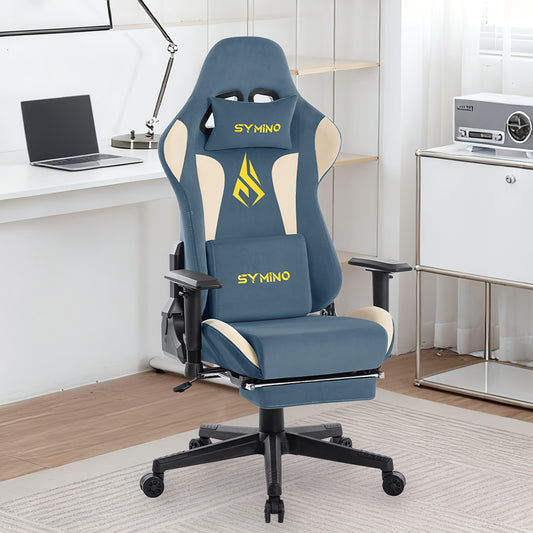 Gamestoel – Gaming Stoel – Bureaustoel – Game Chair – Gamingstoel – Verstelbare Rugleuning 90-167° – Ergonomische Lendensteun en Voetensteun – Met Luxe Blauw Kunstsuède & Stalen Frame