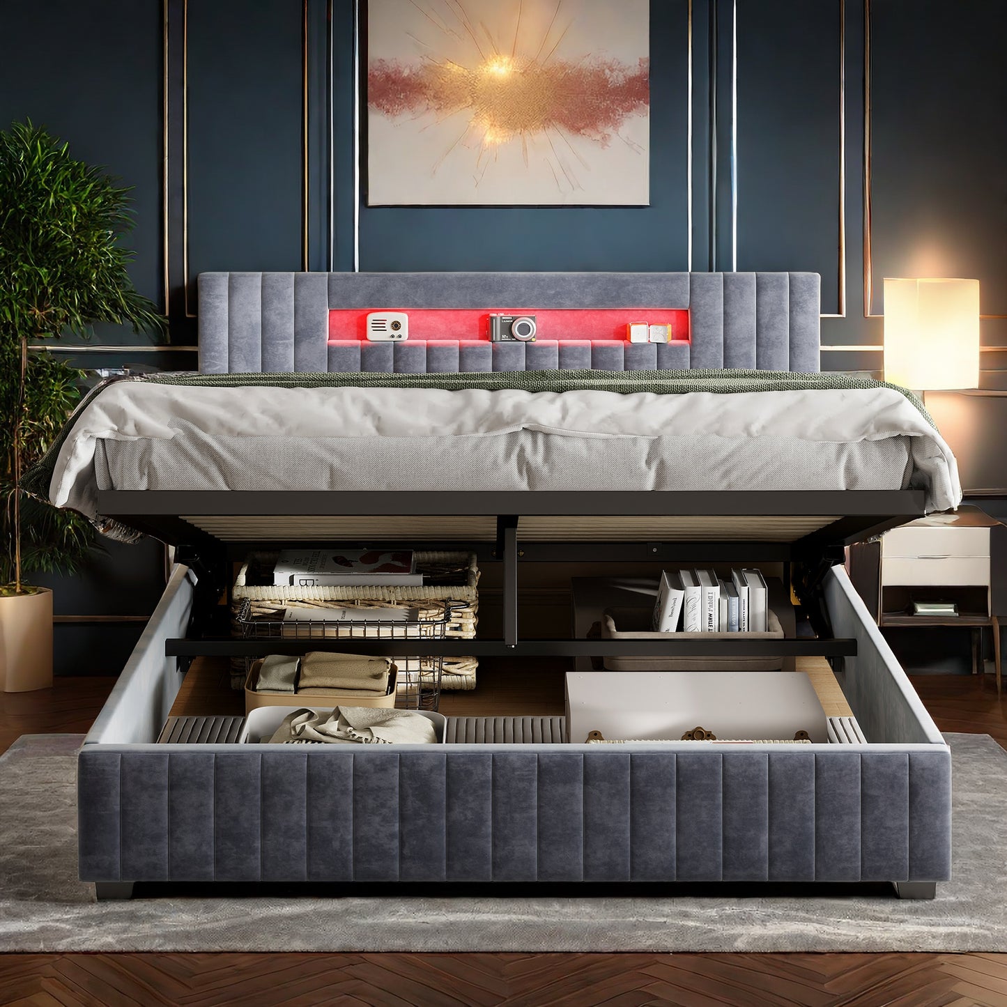 Bedframe – Tweepersoonsbed – Opbergbed – Slaapbank – Bedbodem – Velvet Hoofdbord – LED Verlichting – 140x200 cm – Grijs