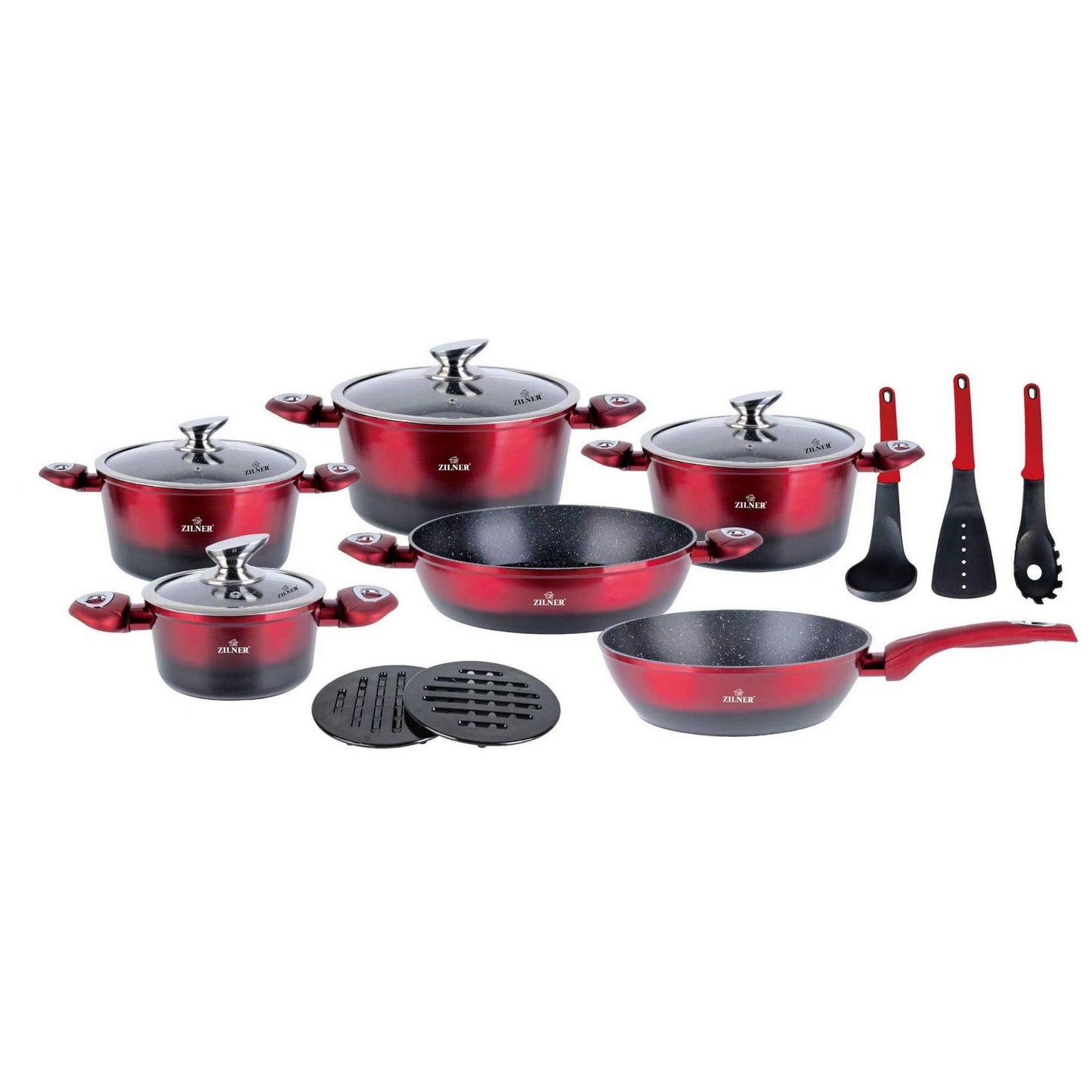Pannenset – Kookset – Pannen Set – Koekenpannen – Potten en Pannen – Inductie Geschikt – Keramische Antiaanbaklaag – Rood – 15-delig